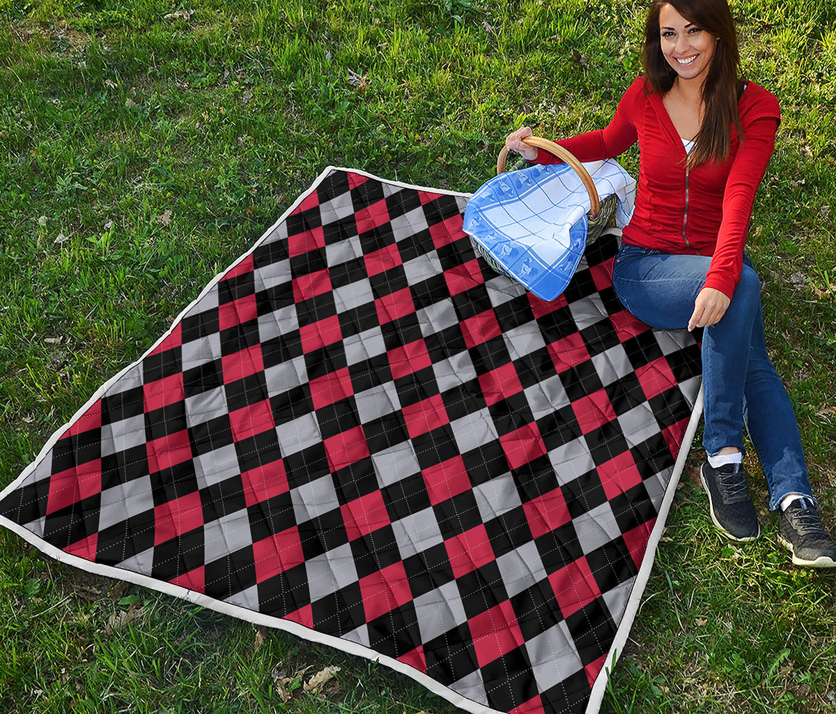 Black Red And Grey Argyle Pattern Print Quilt
