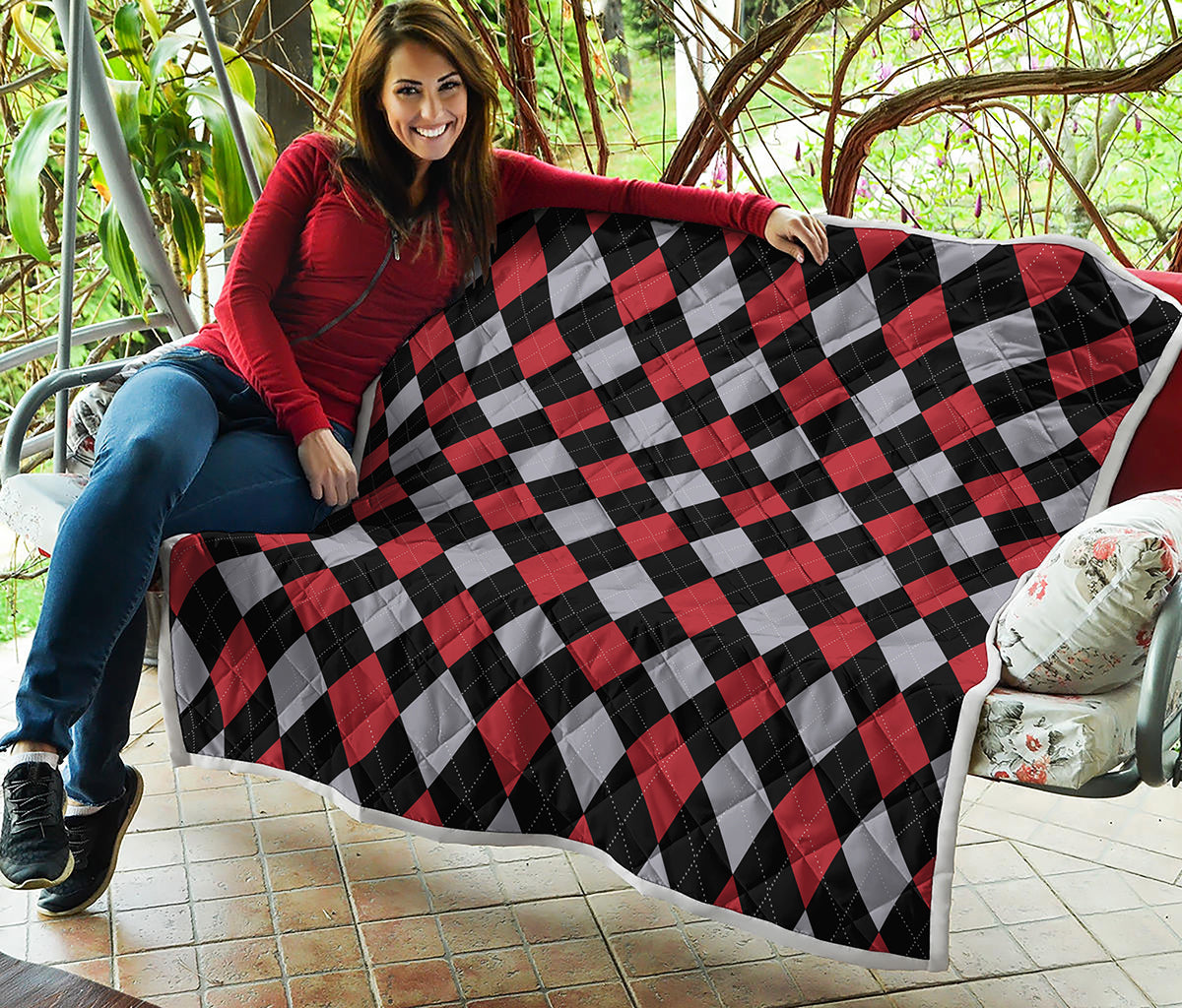 Black Red And Grey Argyle Pattern Print Quilt