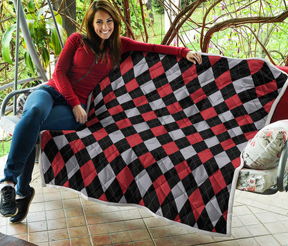 Black Red And Grey Argyle Pattern Print Quilt