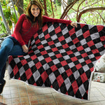 Black Red And Grey Argyle Pattern Print Quilt