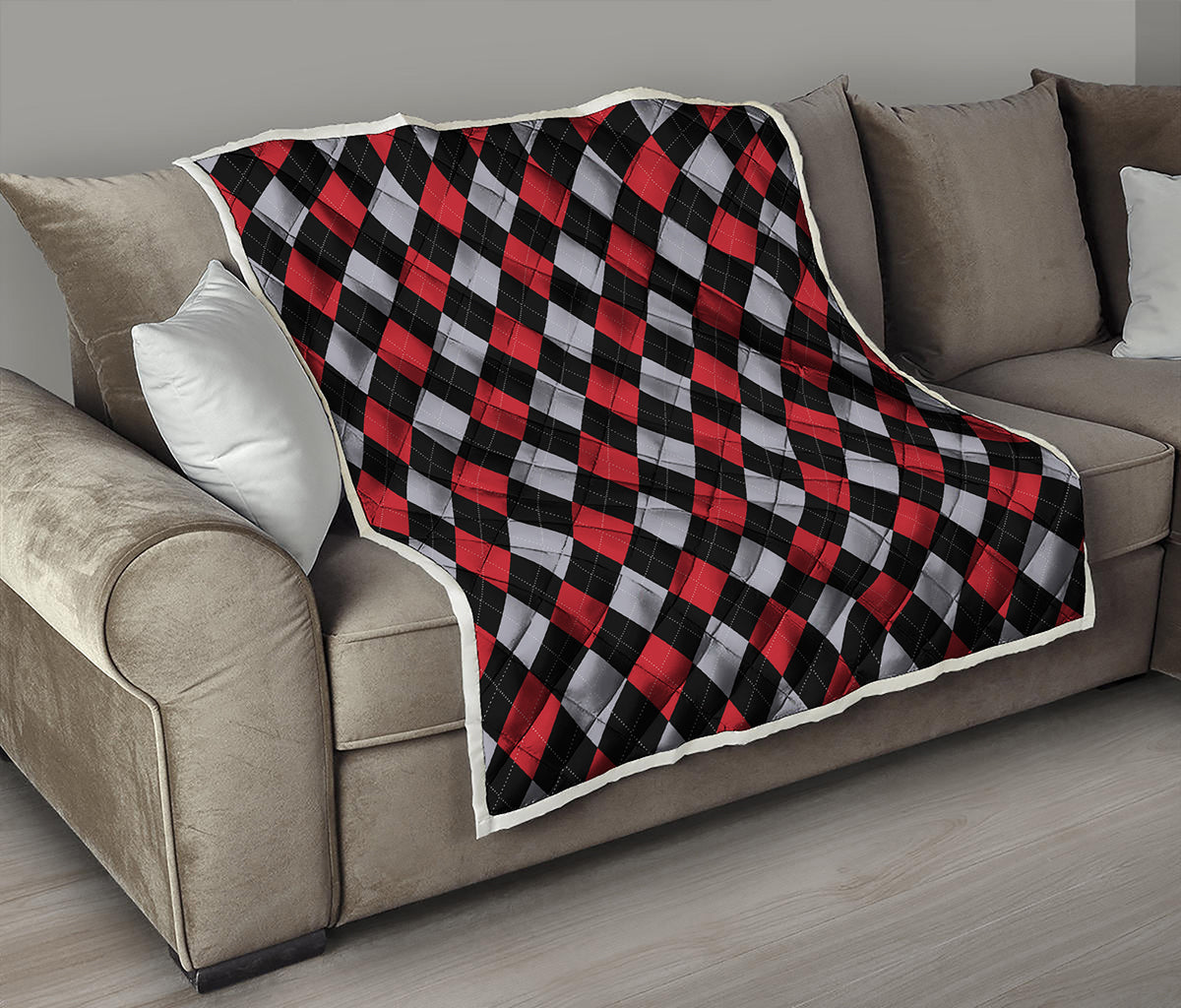 Black Red And Grey Argyle Pattern Print Quilt