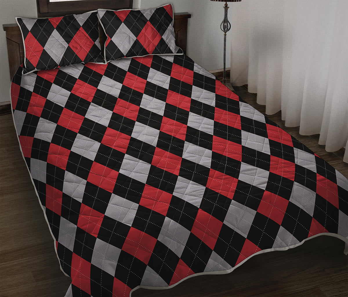 Black Red And Grey Argyle Pattern Print Quilt Bed Set