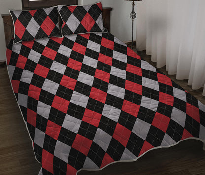 Black Red And Grey Argyle Pattern Print Quilt Bed Set