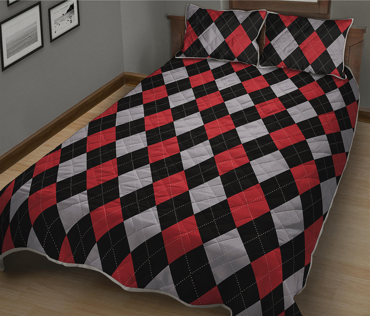 Black Red And Grey Argyle Pattern Print Quilt Bed Set