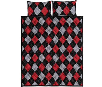 Black Red And Grey Argyle Pattern Print Quilt Bed Set