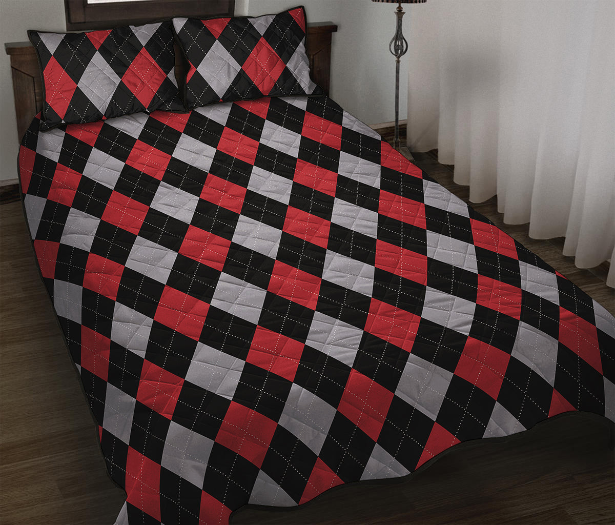 Black Red And Grey Argyle Pattern Print Quilt Bed Set