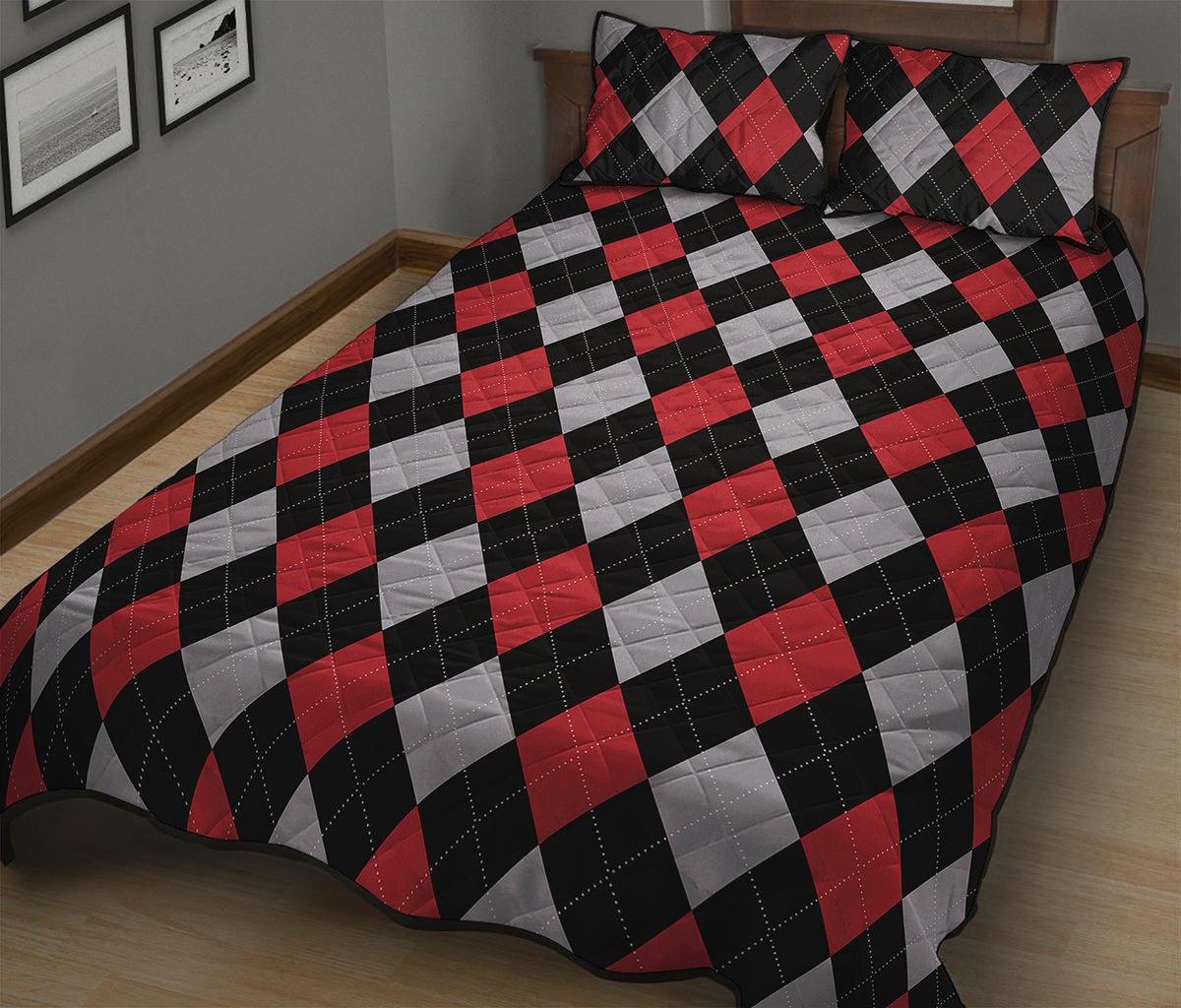 Black Red And Grey Argyle Pattern Print Quilt Bed Set