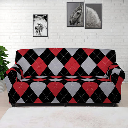Black Red And Grey Argyle Pattern Print Sofa Cover