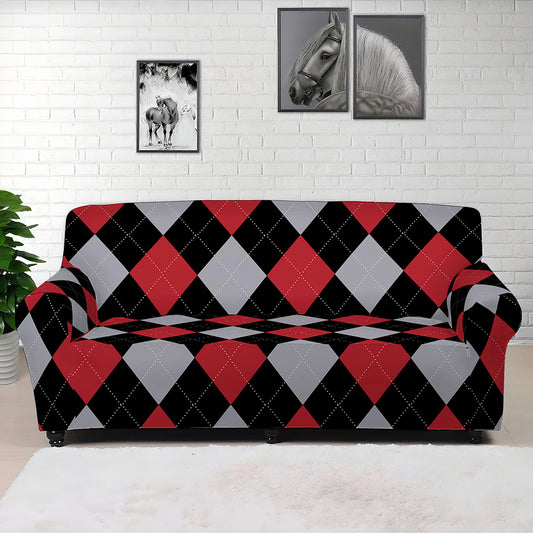 Black Red And Grey Argyle Pattern Print Sofa Cover