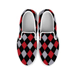 Black Red And Grey Argyle Pattern Print White Slip On Shoes