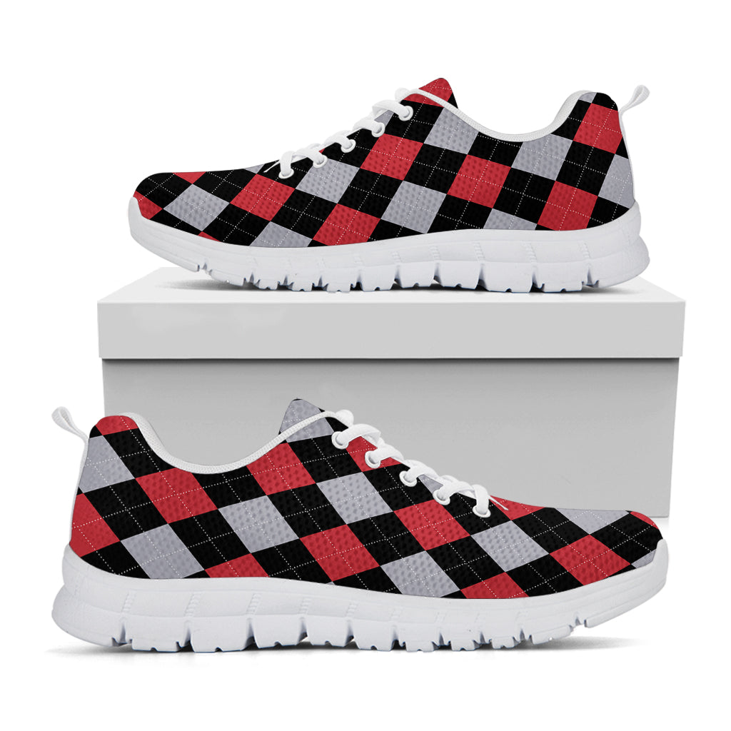 Black Red And Grey Argyle Pattern Print White Sneakers