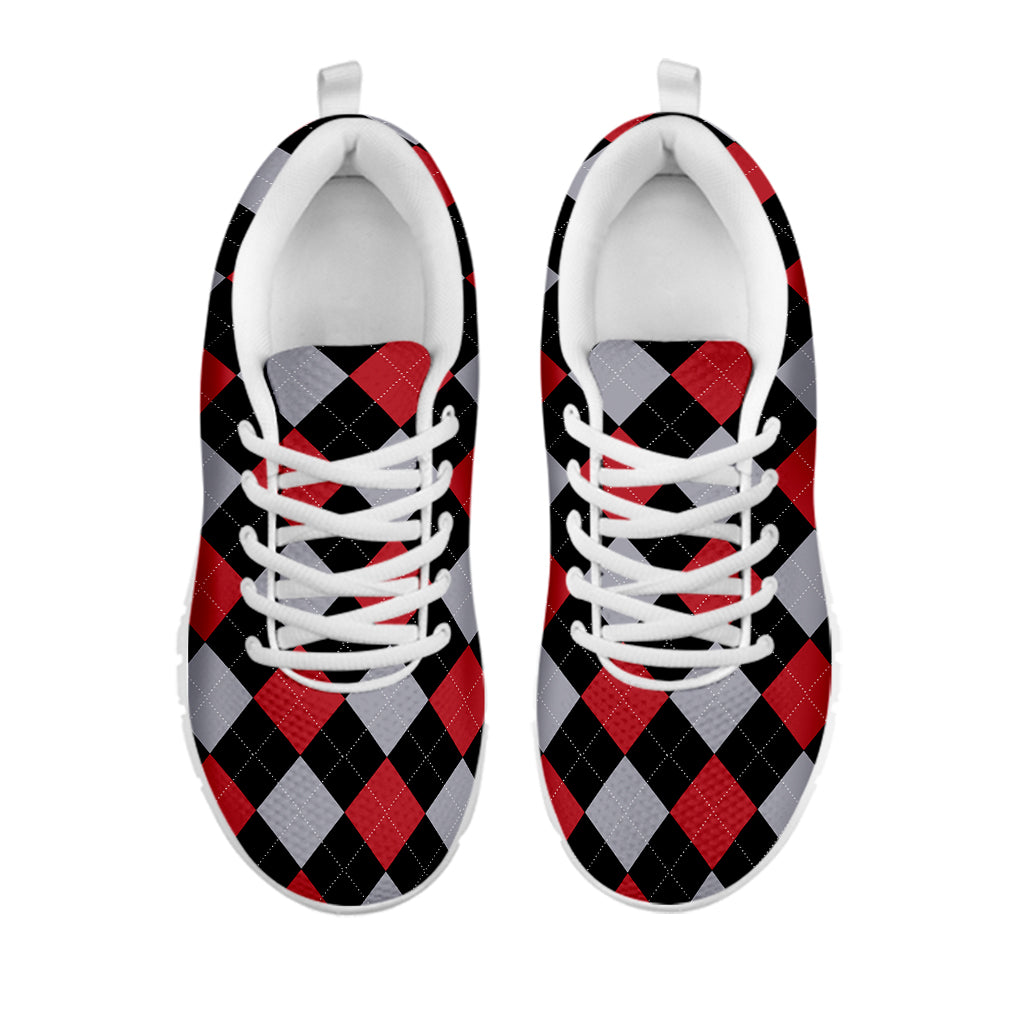 Black Red And Grey Argyle Pattern Print White Sneakers