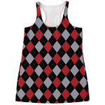 Black Red And Grey Argyle Pattern Print Women's Racerback Tank Top