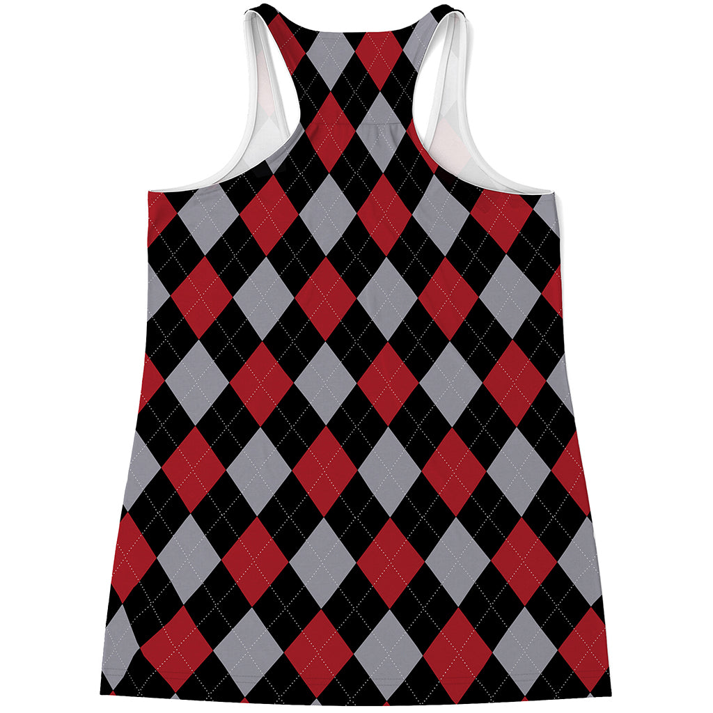 Black Red And Grey Argyle Pattern Print Women's Racerback Tank Top