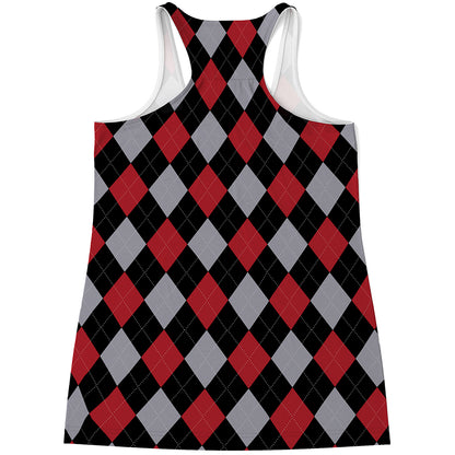 Black Red And Grey Argyle Pattern Print Women's Racerback Tank Top