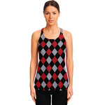 Black Red And Grey Argyle Pattern Print Women's Racerback Tank Top