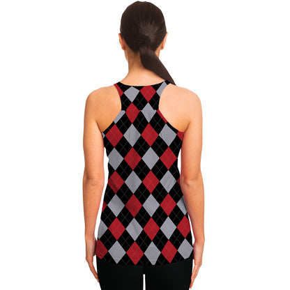 Black Red And Grey Argyle Pattern Print Women's Racerback Tank Top