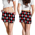Black Red And Grey Argyle Pattern Print Women's Shorts