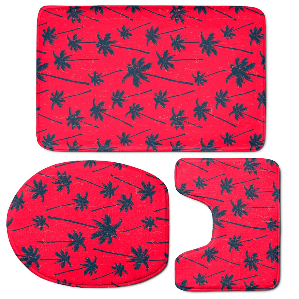 Black Red Palm Tree Pattern Print 3 Piece Bath Mat Set