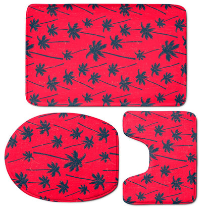 Black Red Palm Tree Pattern Print 3 Piece Bath Mat Set