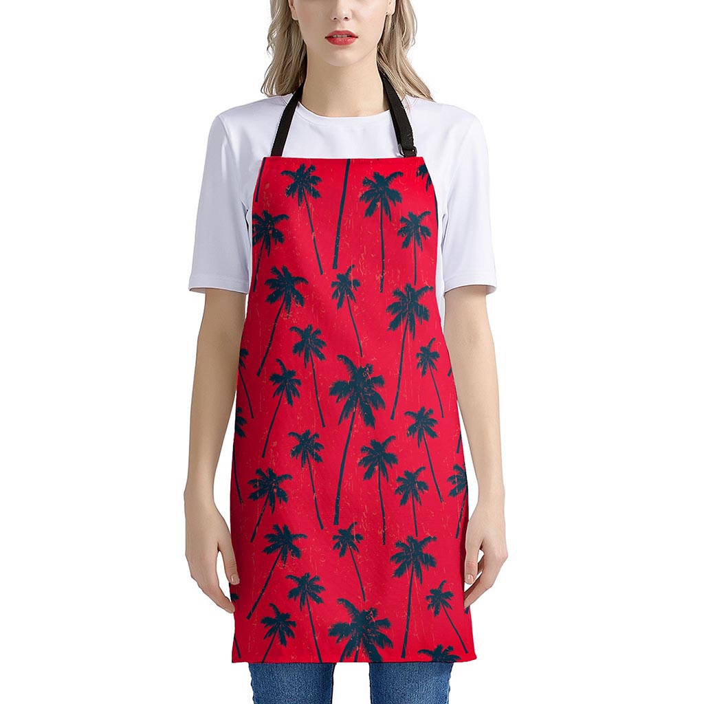 Black Red Palm Tree Pattern Print Apron