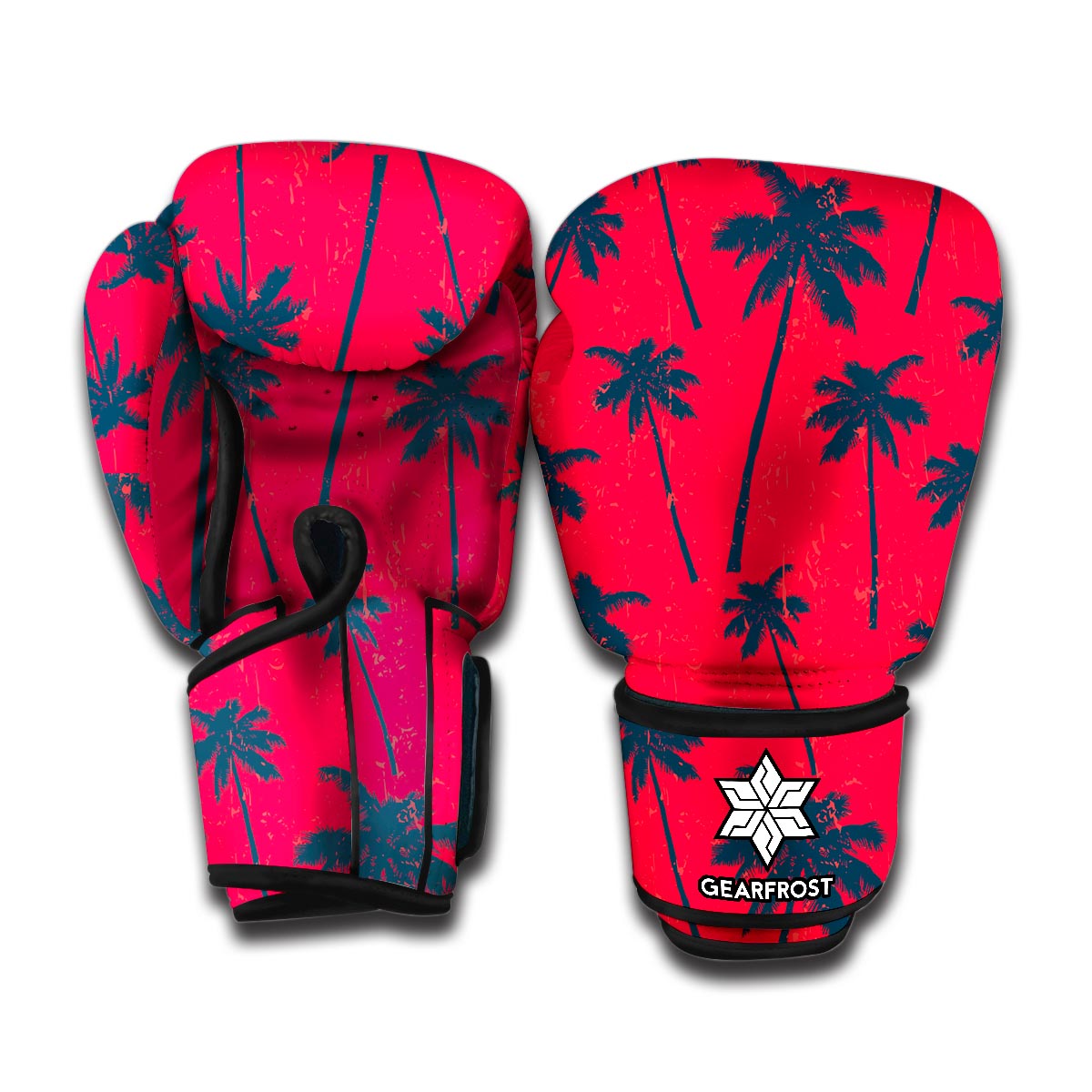 Black Red Palm Tree Pattern Print Boxing Gloves