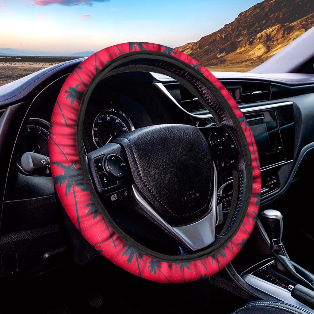 Black Red Palm Tree Pattern Print Car Steering Wheel Cover