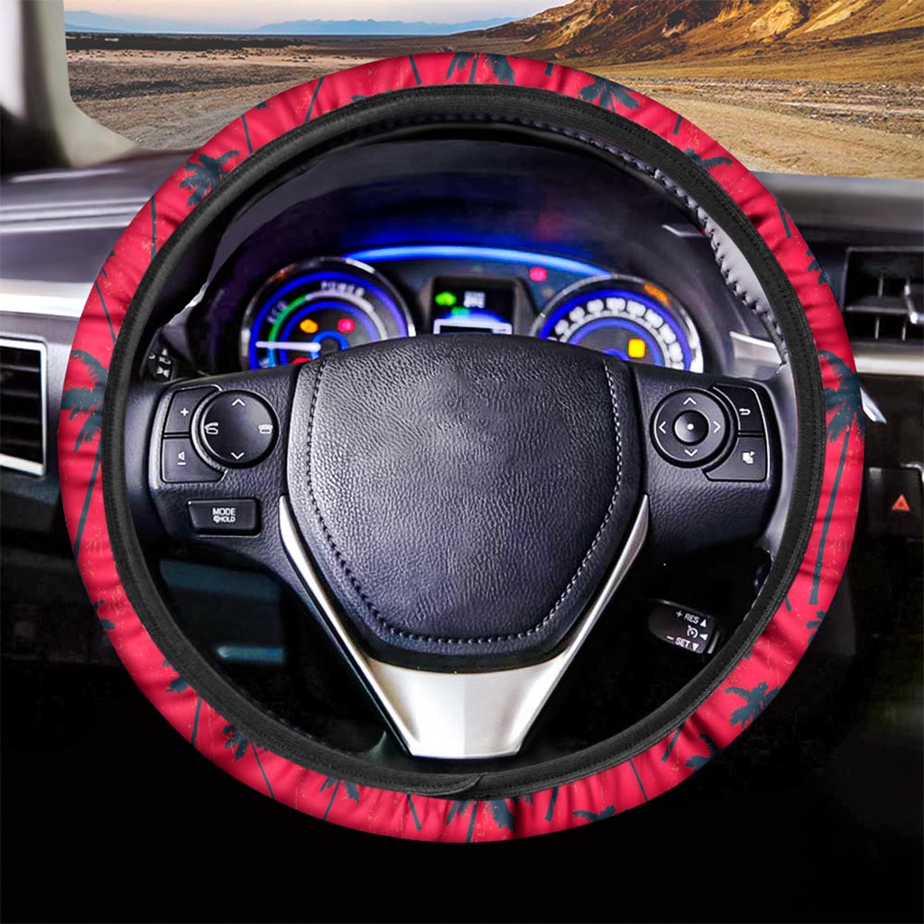 Black Red Palm Tree Pattern Print Car Steering Wheel Cover