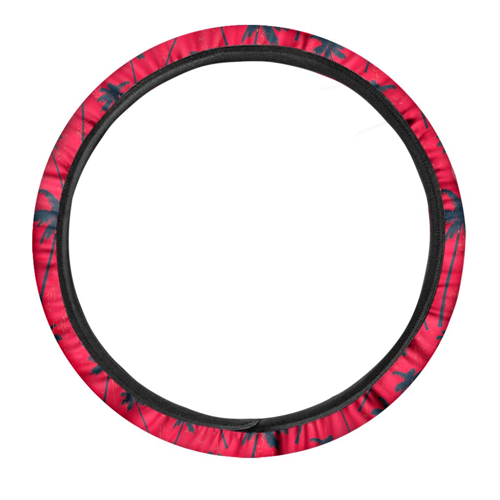 Black Red Palm Tree Pattern Print Car Steering Wheel Cover