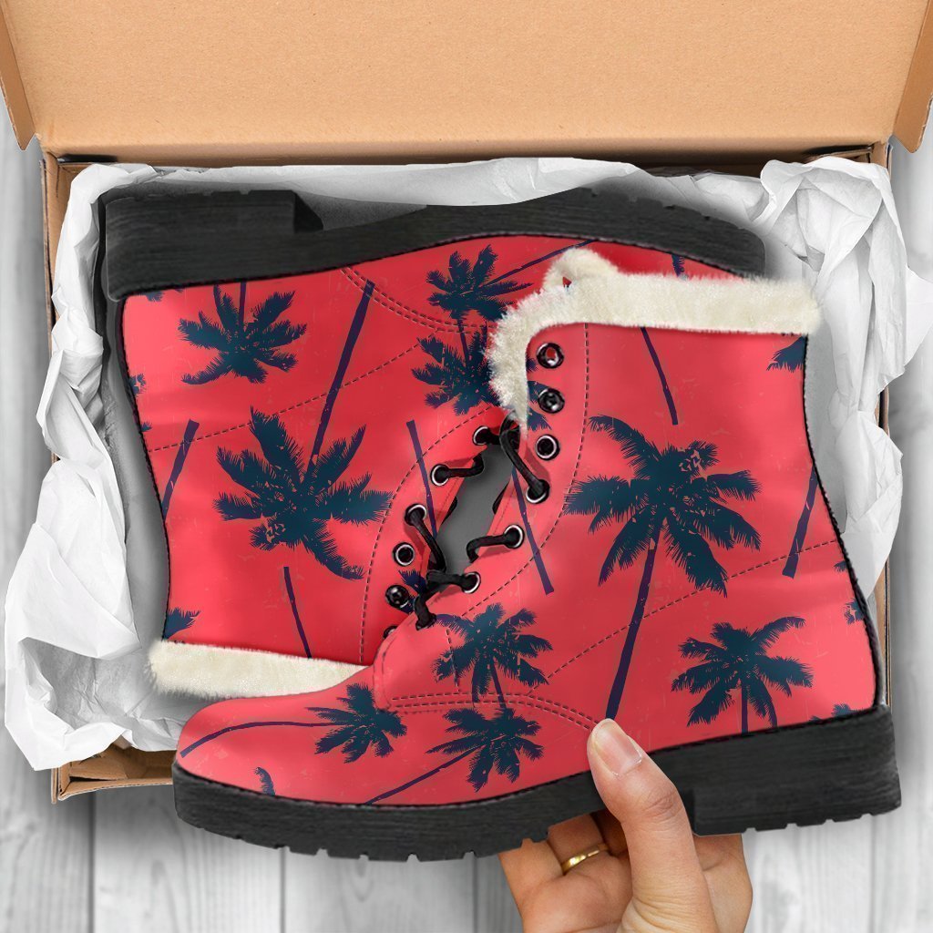 Black Red Palm Tree Pattern Print Comfy Boots GearFrost