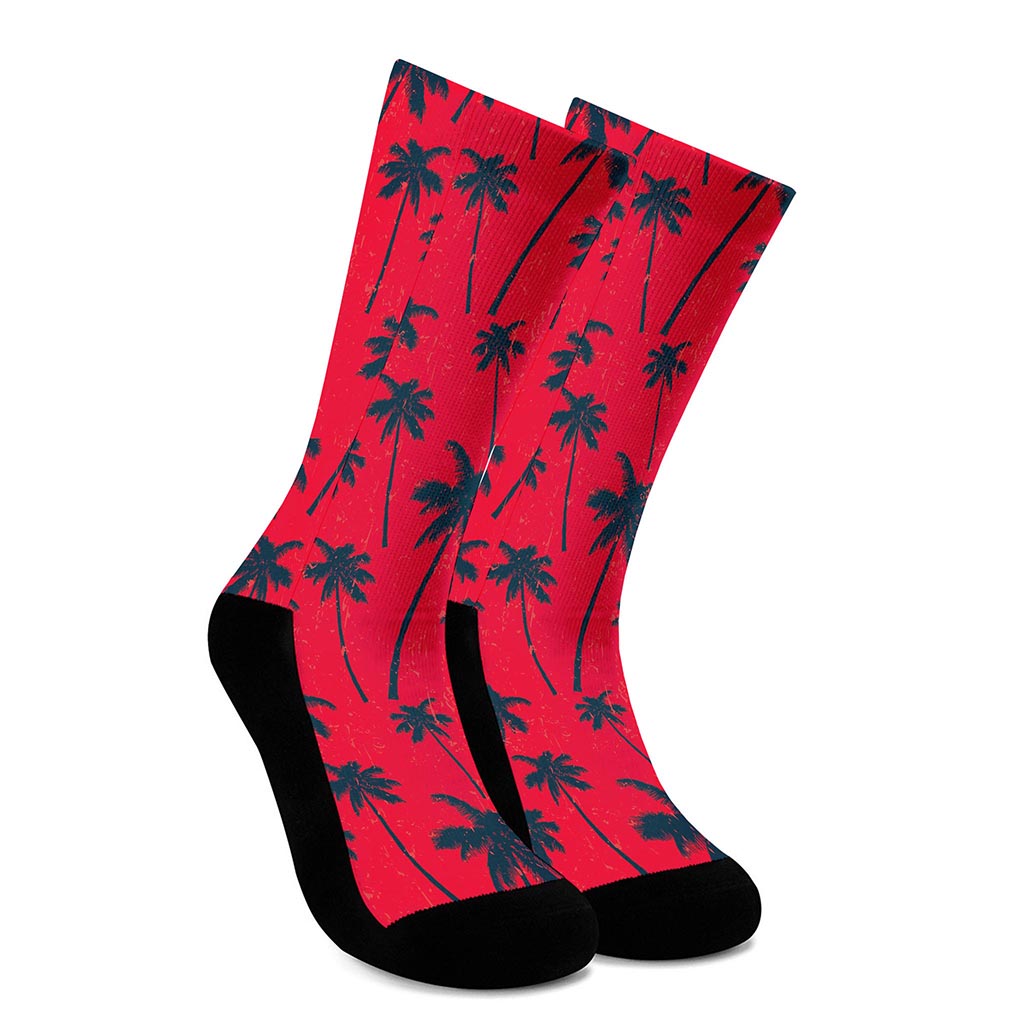 Black Red Palm Tree Pattern Print Crew Socks