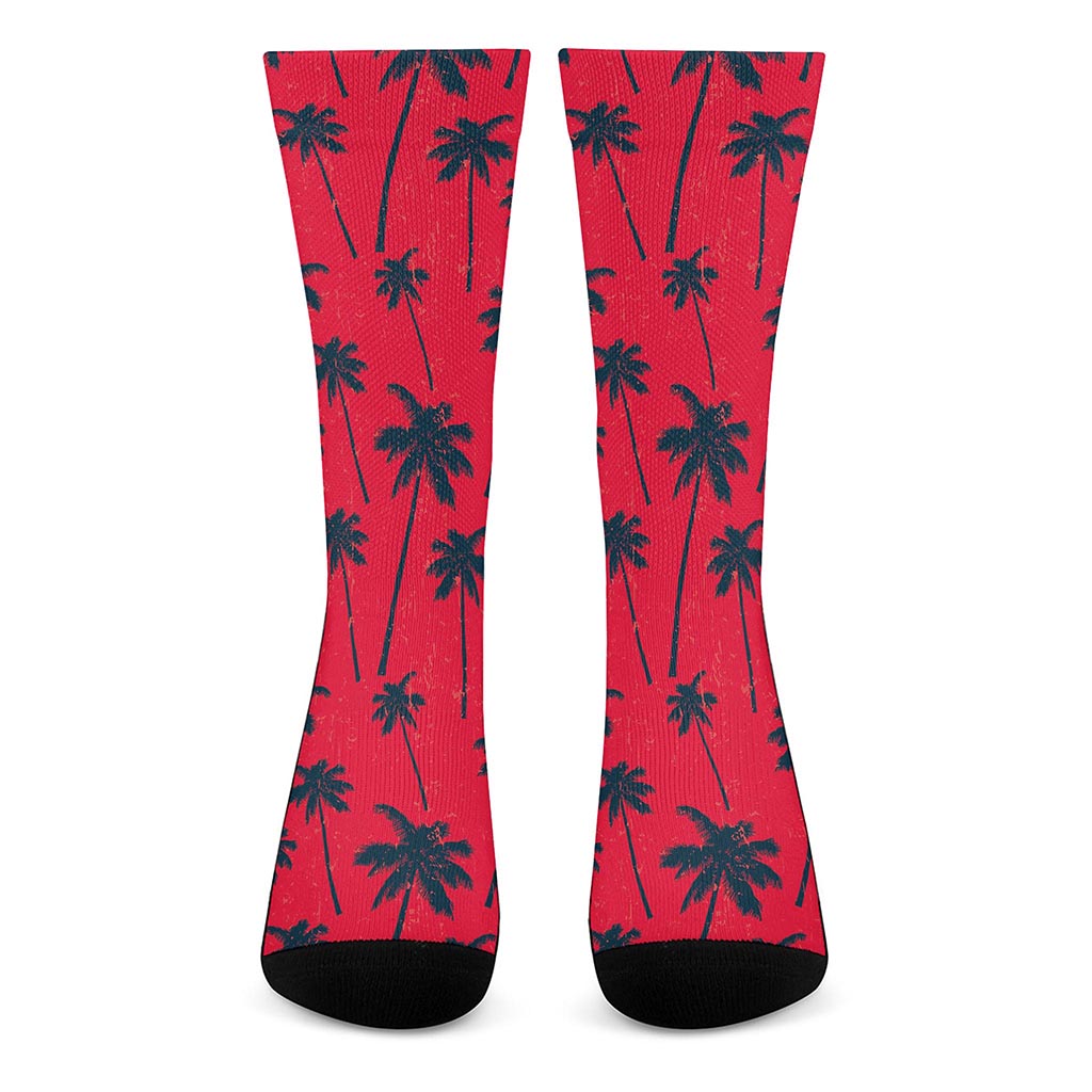 Black Red Palm Tree Pattern Print Crew Socks