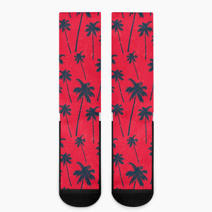 Black Red Palm Tree Pattern Print Crew Socks