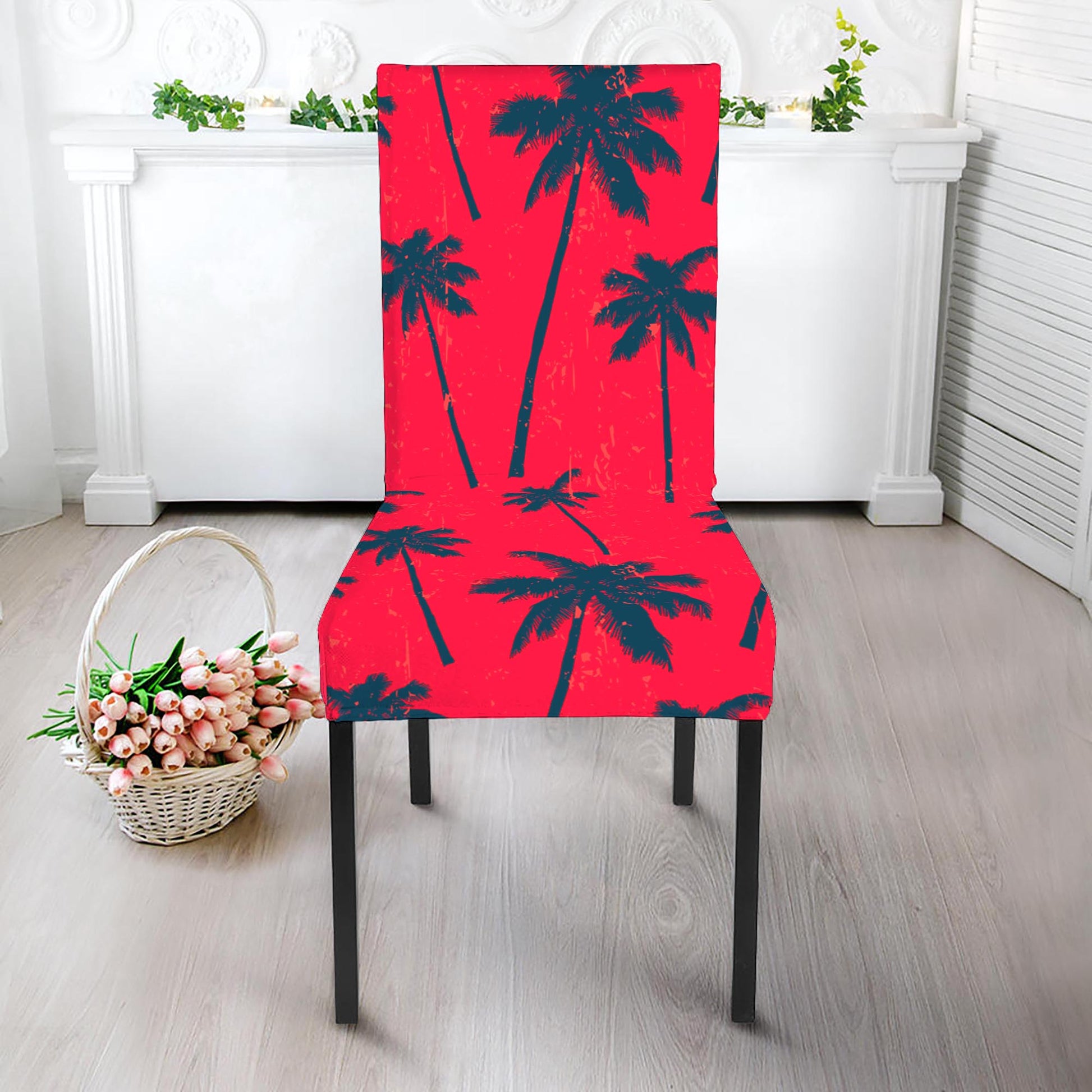 Black Red Palm Tree Pattern Print Dining Chair Slipcover