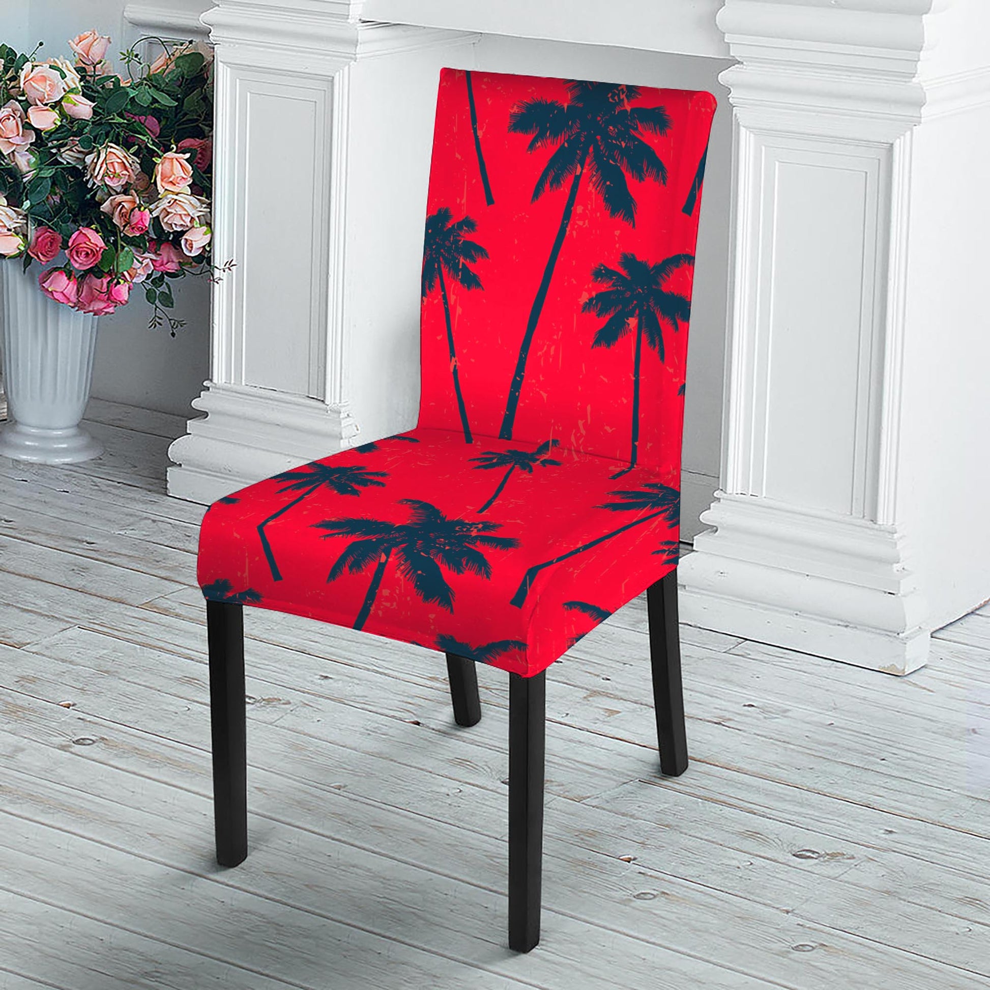 Black Red Palm Tree Pattern Print Dining Chair Slipcover