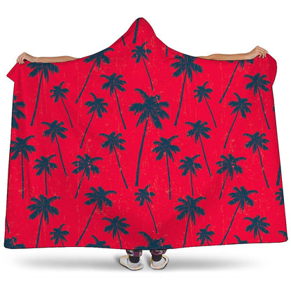 Black Red Palm Tree Pattern Print Hooded Blanket