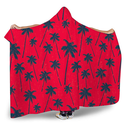 Black Red Palm Tree Pattern Print Hooded Blanket