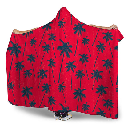 Black Red Palm Tree Pattern Print Hooded Blanket
