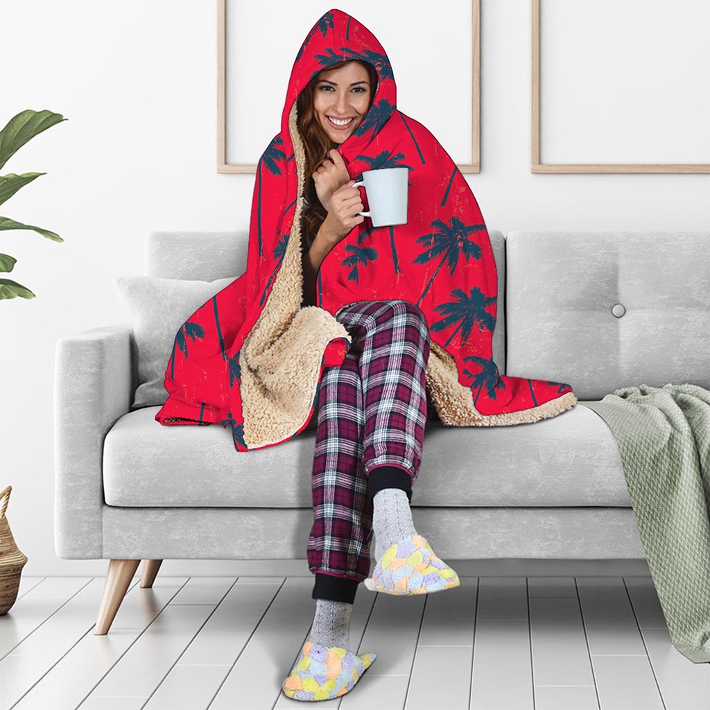 Black Red Palm Tree Pattern Print Hooded Blanket