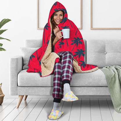 Black Red Palm Tree Pattern Print Hooded Blanket