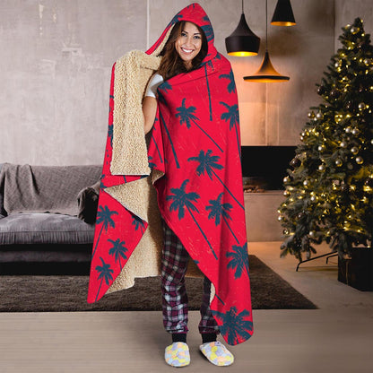 Black Red Palm Tree Pattern Print Hooded Blanket