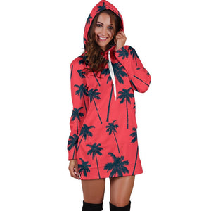 Black Red Palm Tree Pattern Print Hoodie Dress GearFrost