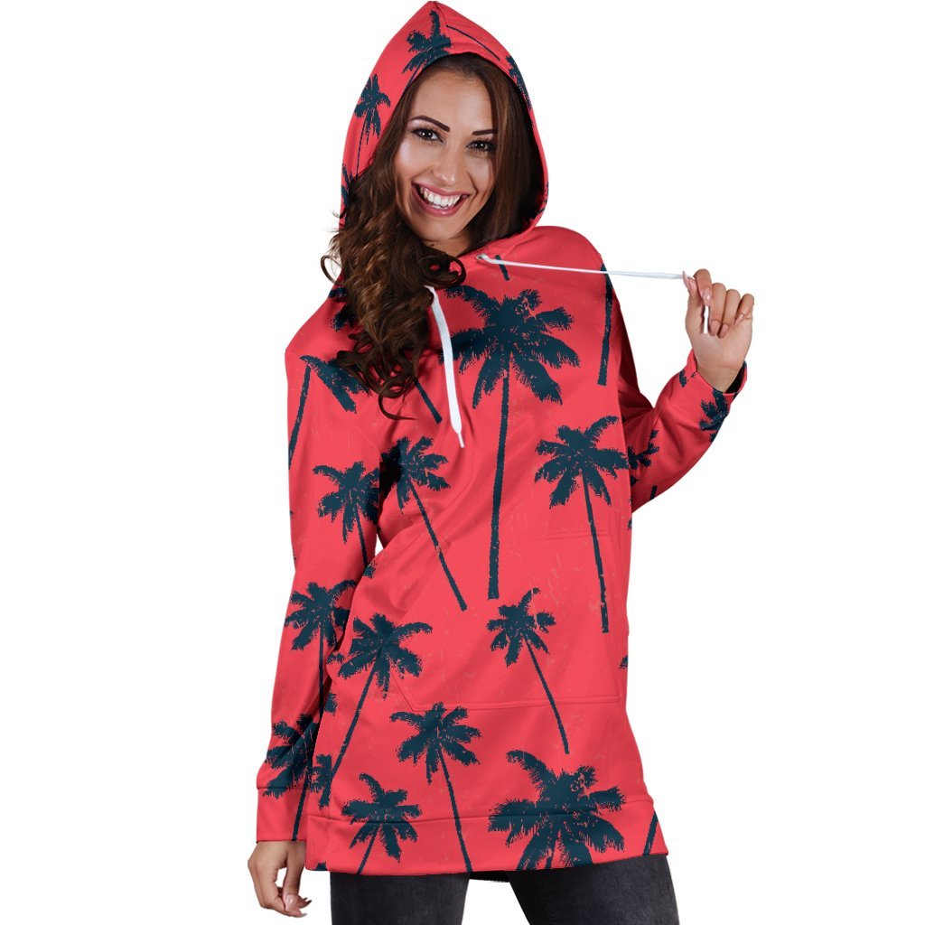 Black Red Palm Tree Pattern Print Hoodie Dress GearFrost