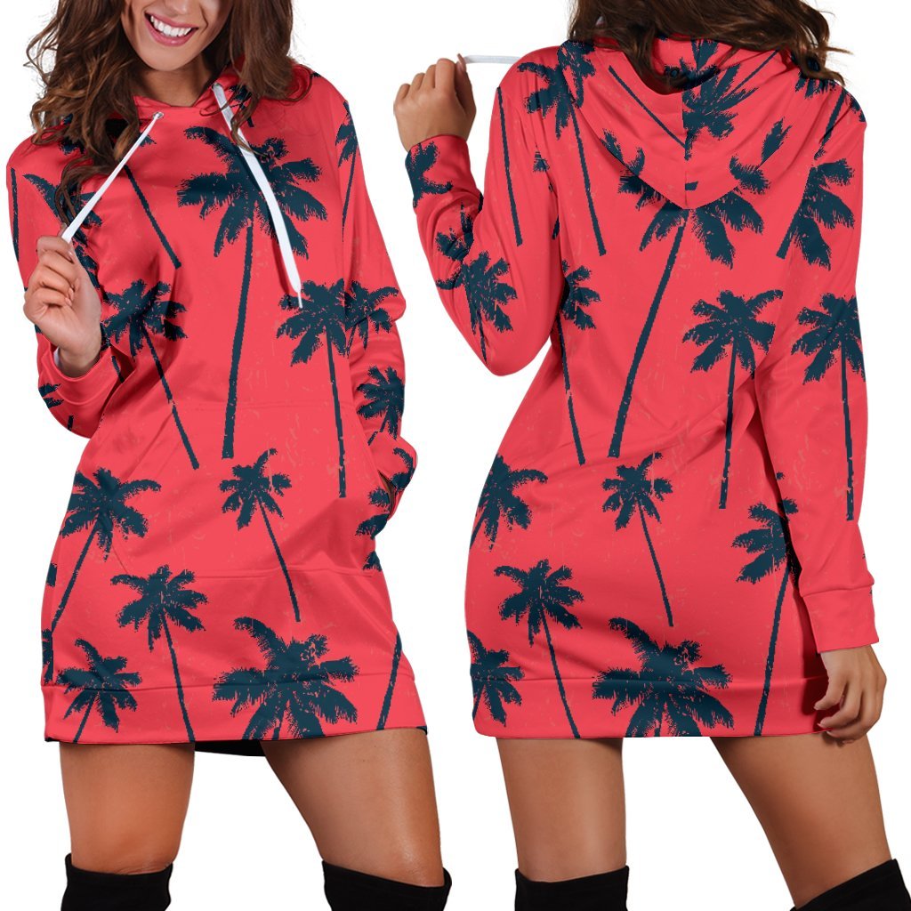 Black Red Palm Tree Pattern Print Hoodie Dress GearFrost
