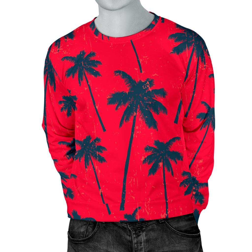 Black Red Palm Tree Pattern Print Men's Crewneck Sweatshirt GearFrost