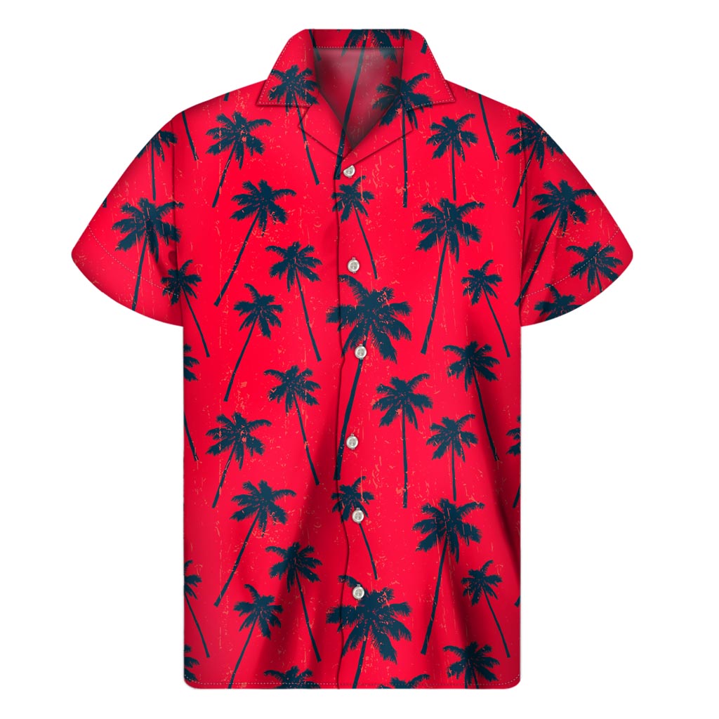 Black Red Palm Tree Pattern Print Men's Short Sleeve Shirt