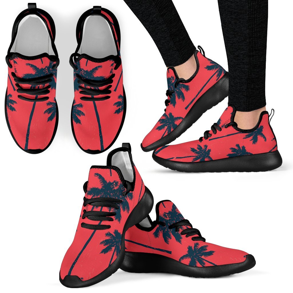 Black Red Palm Tree Pattern Print Mesh Knit Shoes GearFrost