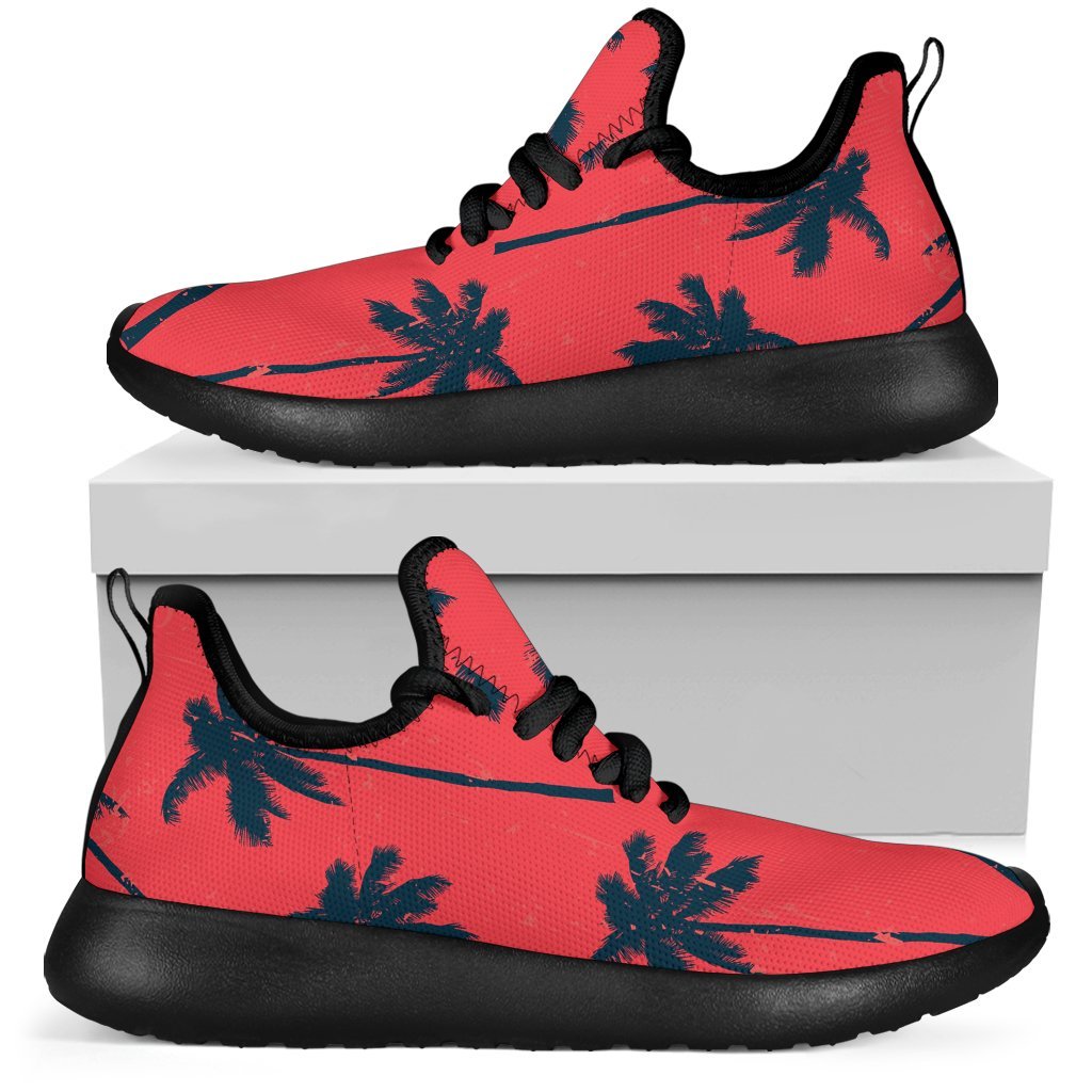 Black Red Palm Tree Pattern Print Mesh Knit Shoes GearFrost