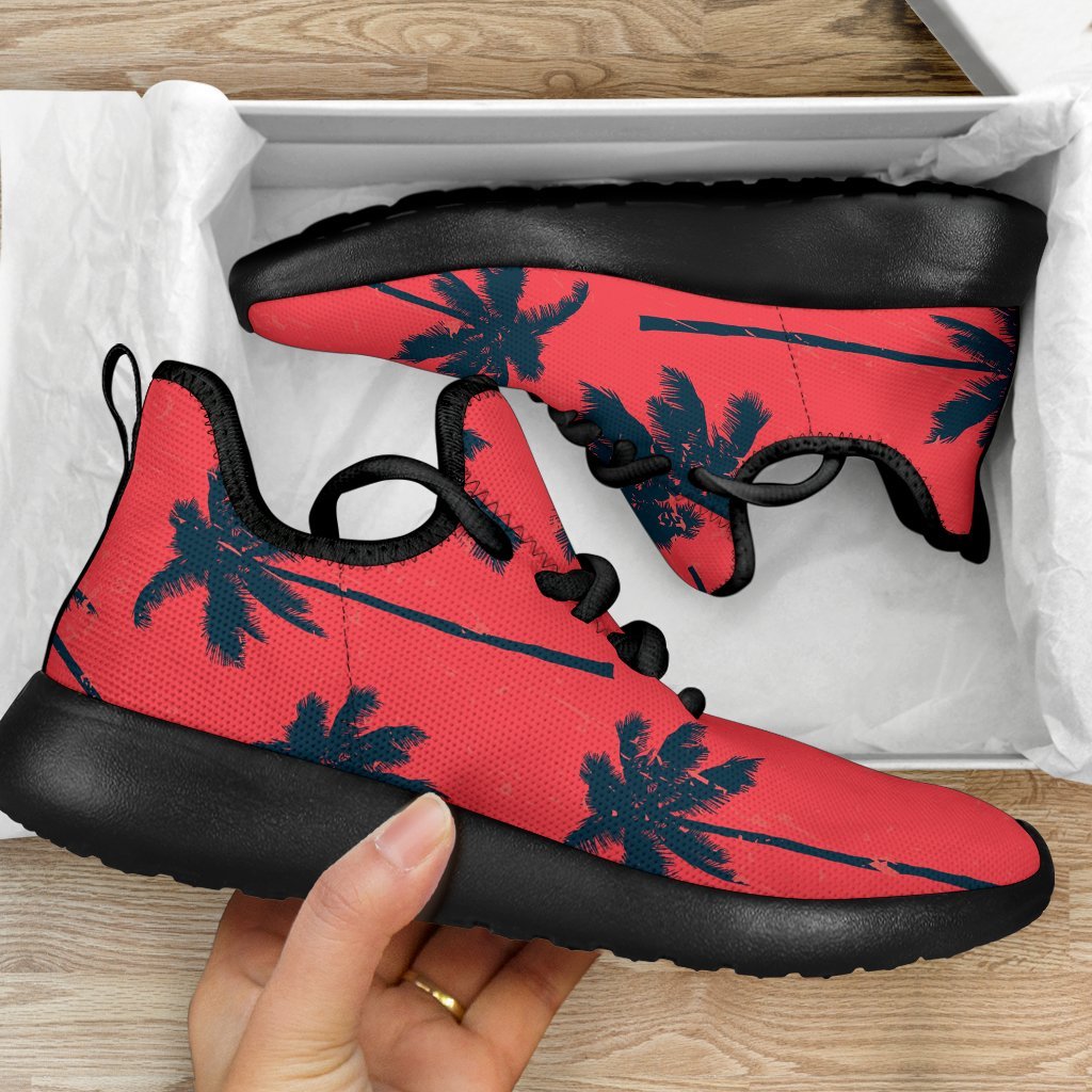 Black Red Palm Tree Pattern Print Mesh Knit Shoes GearFrost