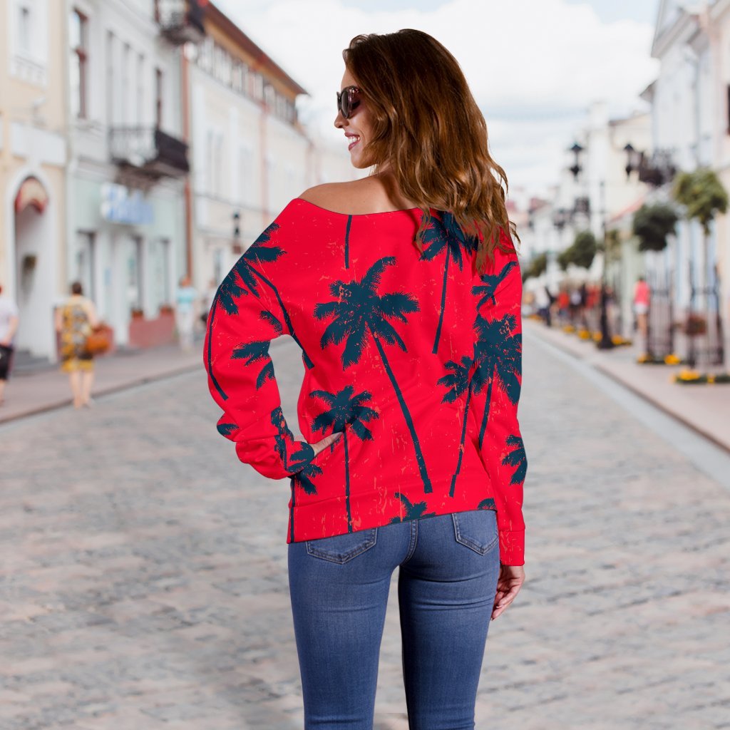 Black Red Palm Tree Pattern Print Off Shoulder Sweatshirt GearFrost